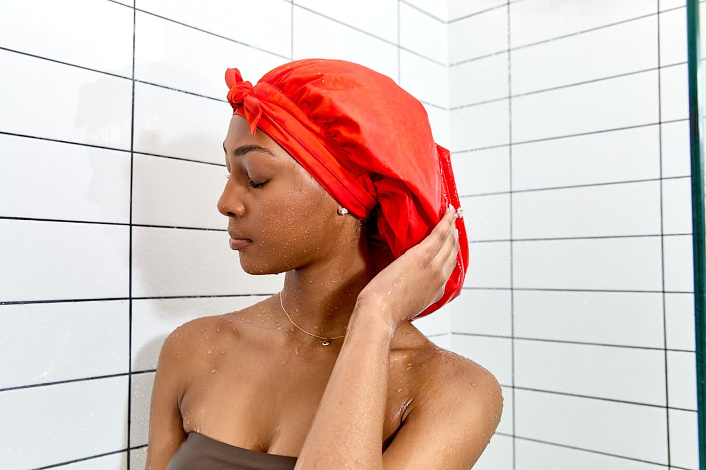 The Shower Bonnet Ultra worn in the shower