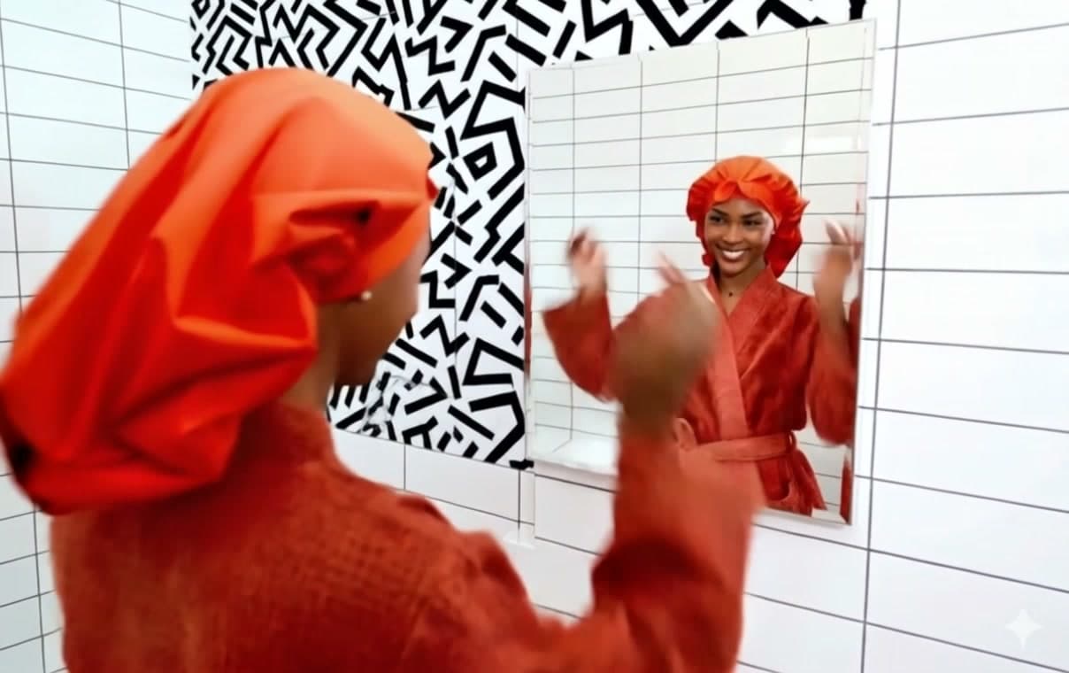 The Wrappd shower bonnet, worn