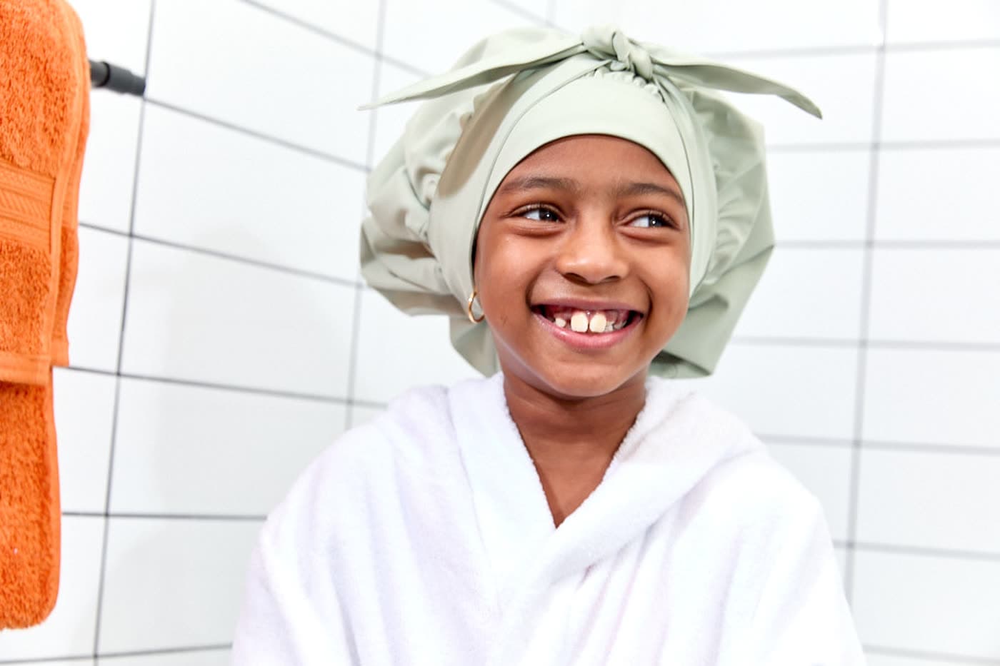 Kids Shower Bonnet worn in the shower